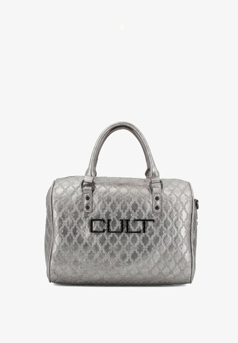 Borsa a tracolla argentata con un motivo a rombi, caratterizzata da branding "CULT" in nero e hardware nero. Manici arrotondati e chiusura con zip.