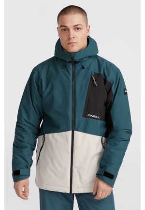 Chaqueta de invierno con bloques de color en verde azulado y negro, con un bolsillo con cremallera, capucha, cierre con cremallera y puños ajustables. Fabricada con material resistente al agua.