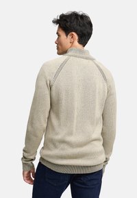 Lichtgrijze trui met hoge kraag, geribde manchetten en een gestructureerd breipatroon, gedragen door een model dat met de rug naar de camera staat, gecombineerd met donkerblauwe jeans.