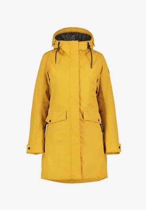 Bright yellow hooded winter coat with black drawstrings, front pockets with flaps, and buttoned cuffs.