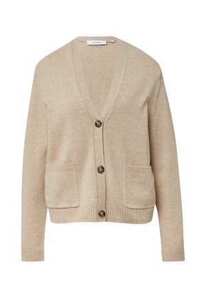 Cardigan in lana beige con scollo a V, bottoni frontali, due tasche, polsini e orlo a coste. Texture morbida e peso medio.