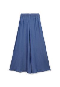 Pantaloni larghi blu con vita elastica, realizzati in tessuto morbido. Presentano una vestibilità rilassata e una texture liscia.