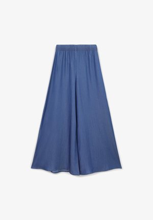 Pantalons larges bleus avec une taille élastique, fabriqués en tissu doux. Dotés d'une coupe décontractée et d'une texture lisse.