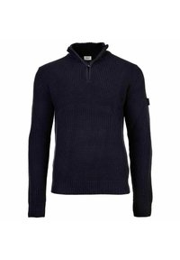 Maglione a maglia blu navy con colletto a mezza zip e motivo a waffle testurizzato, maniche lunghe e polsini e orlo a coste.