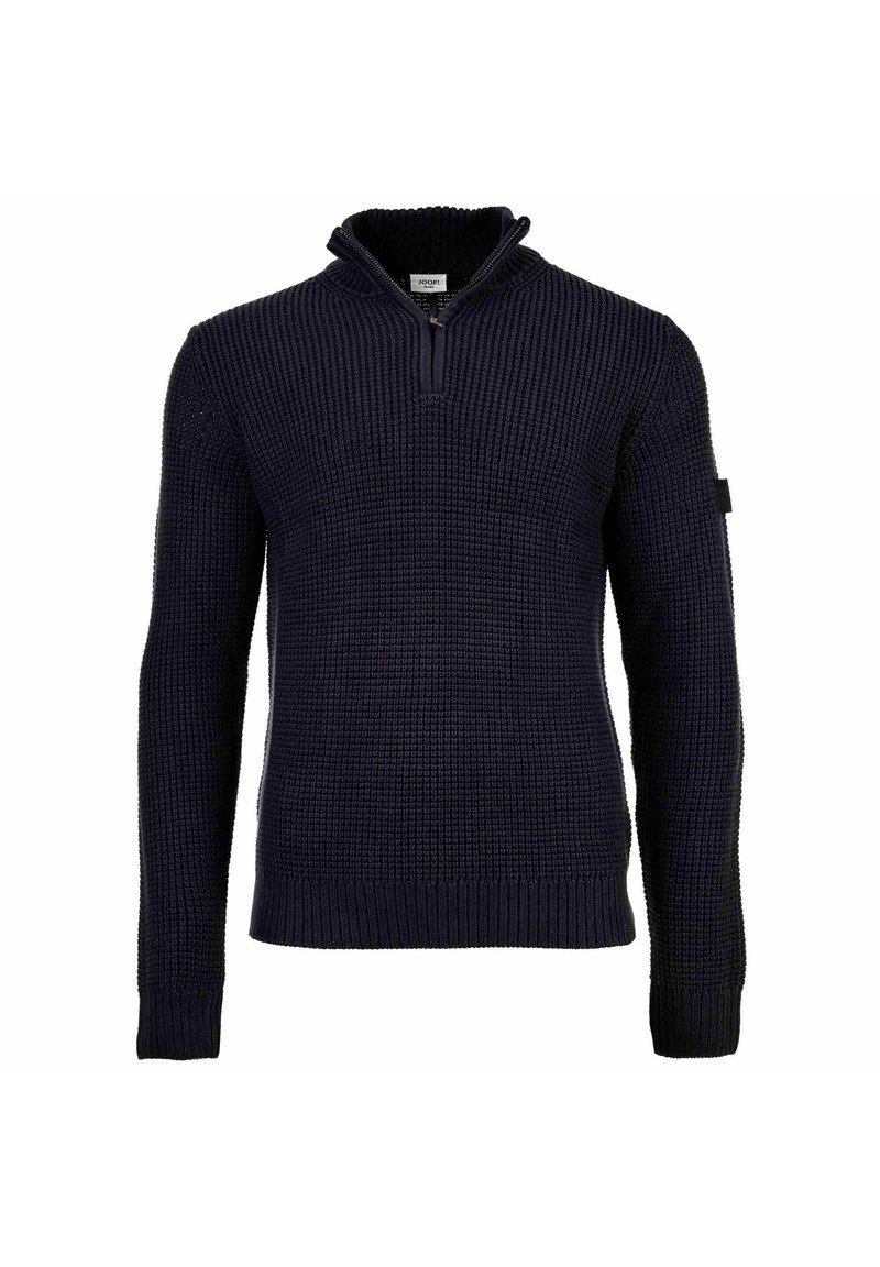 Maglione a maglia blu navy con colletto a mezza zip e motivo a waffle testurizzato, maniche lunghe e polsini e orlo a coste.