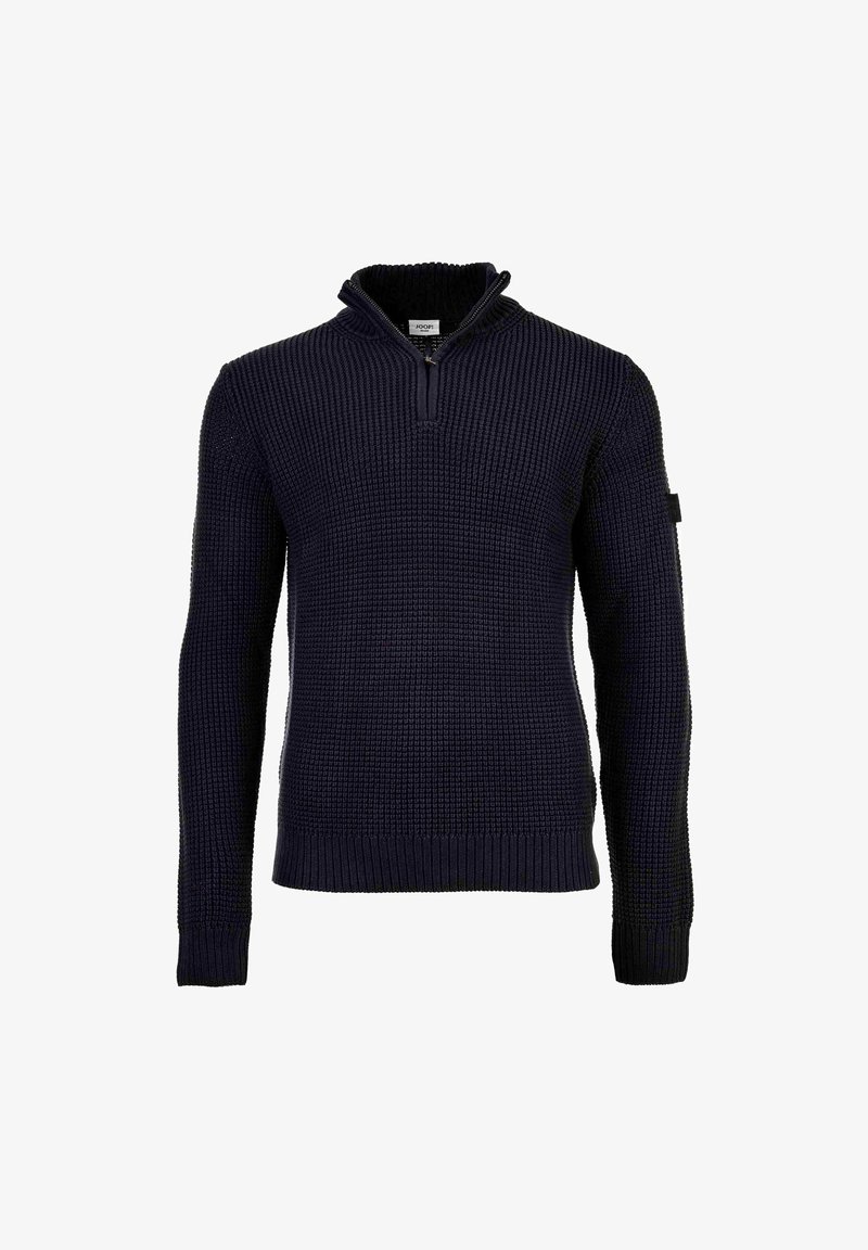 Maglione a maglia blu navy con colletto a mezza zip e motivo a waffle testurizzato, maniche lunghe e polsini e orlo a coste.