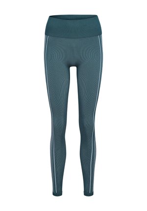 Teal sportleggings met een hoge tailleband, gemaakt van rekbare stof. Heeft contrasterende witte zijstrepen en een ribbelstructuur.