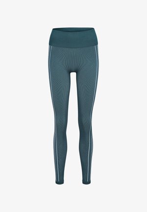 Teal atletiske leggings med højt liv, lavet af strækstof. Har kontrasterende hvide sidelister og en ribbet tekstur.