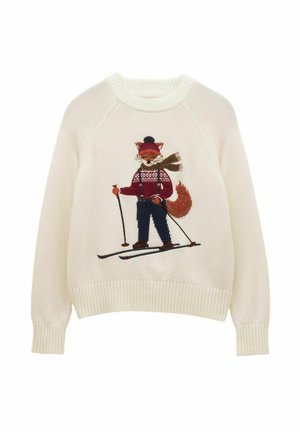 Cremiger Pullover mit einem bestickten Fuchs, der Ski fährt und einen roten Pullover, schwarze Hosen und einen Hut trägt, mit einem strukturierten gerippten Halsausschnitt und Saum.