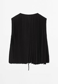 Gilet noir sans manches en maille avec une texture côtelée verticale et un cordon à nouer suspendu au centre du bord inférieur.