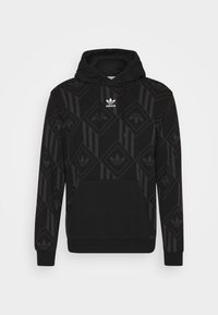 Černá mikina s kapucí s jemným geometrickým vzorem, klokáním kapsou a bílým logem adidas na hrudi. Žebrované manžety a lem.