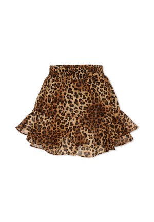 Gonna a stampa leopardata con vita elastica e orlo a balze stratificate realizzata in tessuto leggero e trasparente.