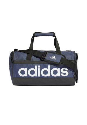 Borsa a sacca blu con dettagli neri, caratterizzata da un grande logo "adidas" bianco, manici superiori e una tracolla regolabile. Chiusura con zip.