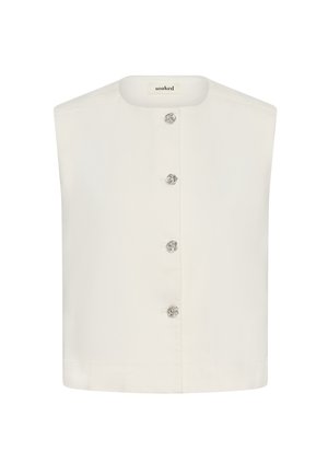 Cremefarbene ärmellose Bluse mit rundem Ausschnitt und vier dekorativen silbernen Rosenknöpfen vorne.