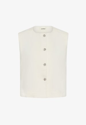 Cremefarbene ärmellose Bluse mit rundem Ausschnitt und vier dekorativen silbernen Rosenknöpfen vorne.