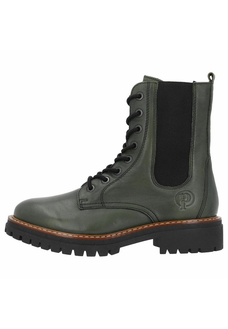 Combat-style boot in dark green leather with black elastic side, black lug sole, and decorative stitching. Features logo detail on the side.