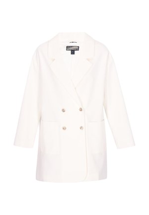 Hvid dobbeltradet blazer med hakkede revers, gyldne knapper, lange ærmer og to forlommer, vist på en hvid baggrund.