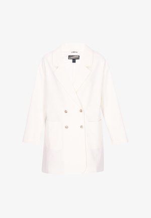 Hvid dobbeltradet blazer med hakkede revers, gyldne knapper, lange ærmer og to forlommer, vist på en hvid baggrund.