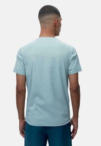 Svijetloplava kratkoslijeva majica, izrađena od pamuka, okrugli izrez, glatka tekstura i jednostavan dizajn, prikazana iz leđa.