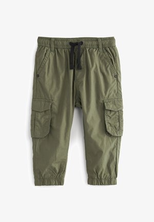 Pantaloni cargo verzi dintr-un material ușor, cu talie elastică și șnur, buzunare laterale și mansete conice.