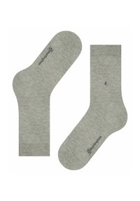 Graue Baumwollsocken mit glatter Textur. Eine hat einen gerippten Bund und ein gedrucktes Logo; die andere ist mit einem silbernen Knopfdetail versehen.