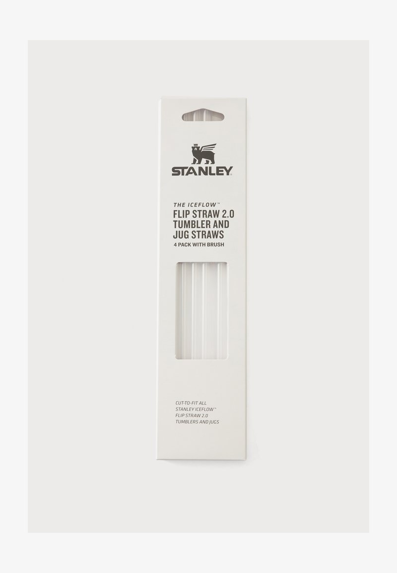 Συσκευασία Stanley Flip Straw 2.0 με τέσσερα διαφανή επαναχρησιμοποιήσιμα καλαμάκια και βουρτσάκι καθαρισμού σε λευκή ορθογώνια συσκευασία με μαύρο κείμενο.