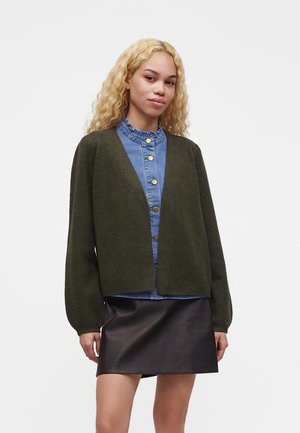 Ung kvinde med langt krøllet blondt hår iført en mørkegrøn cardigan over en blå skjorte med knapper og et kort sort skørt.