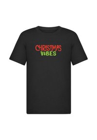 Sort bomulds t-shirt med "JUL" i rødt og "VIBES" i grønt, med et juletræ grafik, standard crew neck design.