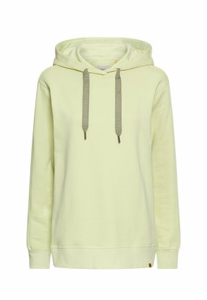 Lichtgele hoodie met lange mouwen en beige koordjes, bedrukt met "Gemaakt voor dagelijkse avonturen."