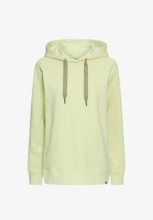 Lys gul hættetrøje med lange ærmer og beige snore, trykt med "Lavet til daglige eventyr."