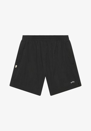 Shorts de sport noirs en tissu léger, dotés d'une taille élastique, de poches latérales et d'un petit logo sur le bas à l'avant.