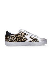 Leopard-print sneakers featuring a textured upper, gray rubber sole, and white accents. Laces are gray, with a streamlined low-top design.