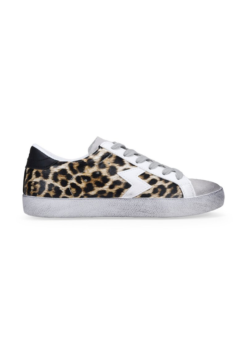 Leopard-print sneakers featuring a textured upper, gray rubber sole, and white accents. Laces are gray, with a streamlined low-top design.