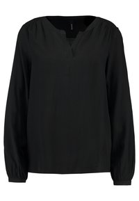 Sort langærmet bluse med V-hals og pufærmer. Glat stof, afslappet pasform. Elastiske mansjetter ved ærmerne. Minimalistisk design.