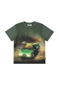 Zelené bavlněné tričko s grafikou jasně zeleného sportovního auta s otevřenými dveřmi, umístěné na pozadí lesa. Krátké rukávy.