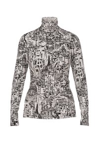 Langärmliger Rollkragenpullover mit einem Schwarz-Weiß-Stadtbilddruck, aus einem weichen, elastischen Stoff mit taillierter Passform.