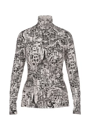 Long-sleeve turtleneck sweater featuring a black and white cityscape print, made from a soft, stretchy fabric with a fitted design.
