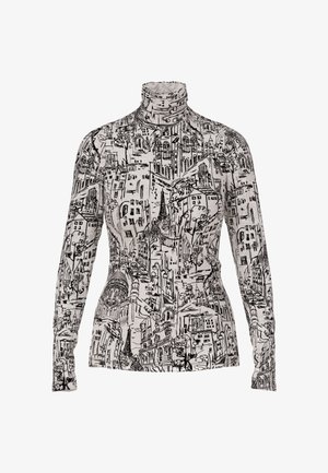 Long-sleeve turtleneck sweater featuring a black and white cityscape print, made from a soft, stretchy fabric with a fitted design.