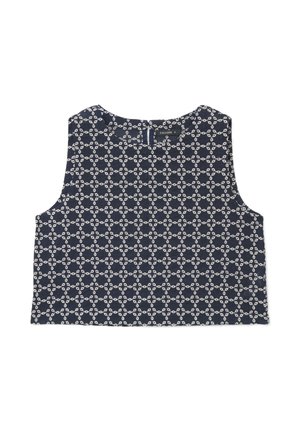 Haut court sans manches bleu marine avec un motif de chaîne blanche entrelacée et une petite fermeture éclair au dos.