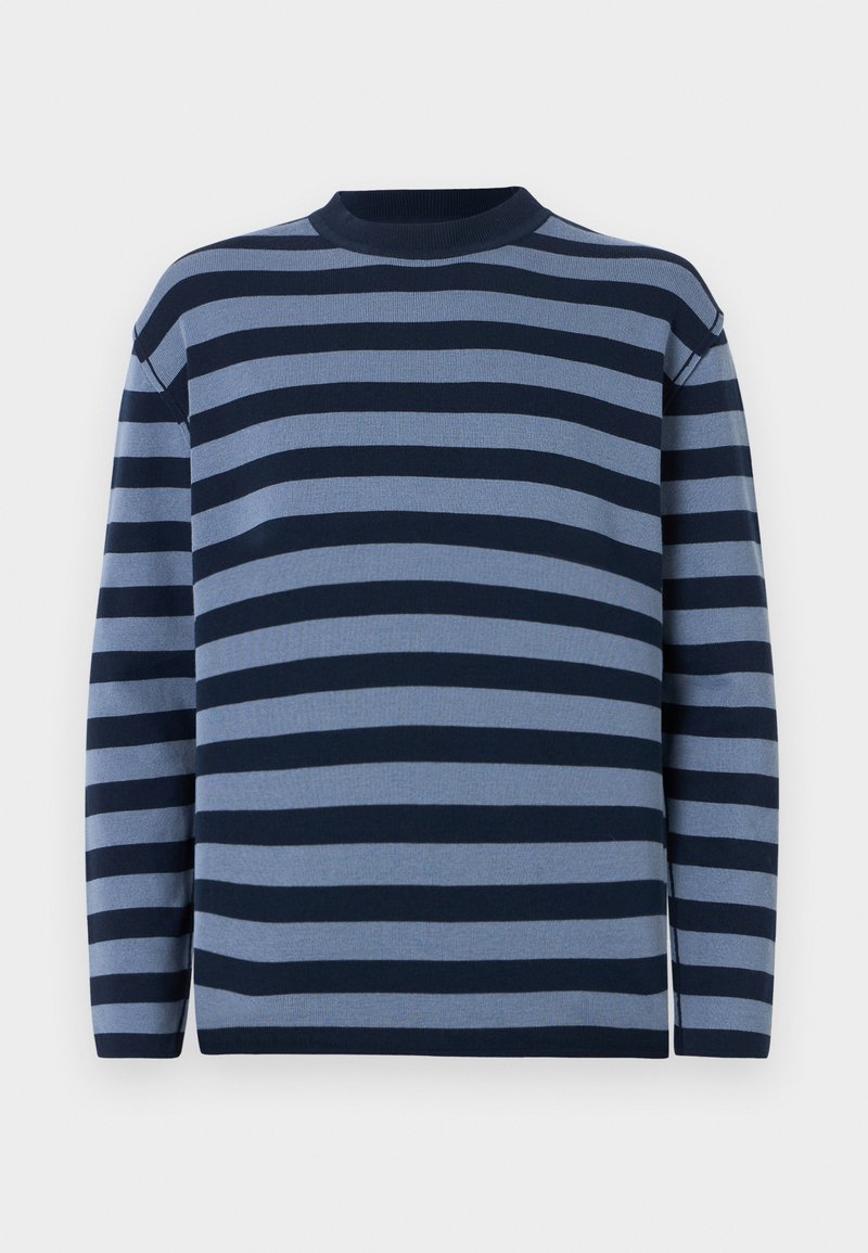 Striped sweater featuring horizontal navy and light blue stripes, crew neck, long sleeves, and soft textured knit fabric.