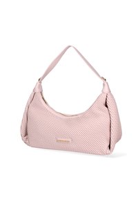 Borsa di un rosa chiaro con texture, design rigato, forma curva, chiusura con zip e una sola tracolla. Caratterizzata da un accento con logo in tonalità oro.
