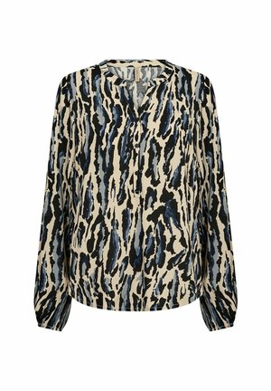 Blouse met lange mouwen in een luipaardprint in zwart, blauw en crème. Voorzien van een V-hals en gathered mouwen. Zachte, lichte stof.