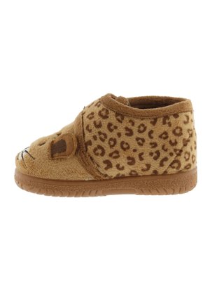Pantoufles en forme d'animaux de couleur marron avec un motif léopard, un dessus texturé, un bout arrondi et une semelle en caoutchouc pour une meilleure adhérence.