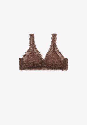 Brassière en dentelle marron avec des bords en dentelle, présentant un motif floral et des bretelles ajustables. Tissu doux avec un design sans coutures.