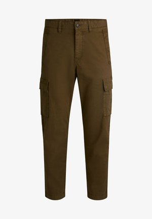 Cargo-byxor i mörk olivgrön färg, tillverkade av slitstarkt tyg, med flera sidofickor, rak passform och knappstängning.