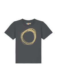 Grijze katoenen T-shirt met een groot beige cirkelvormig krabbeldesign op de voorkant. Korte mouwen en een ronde halslijn.