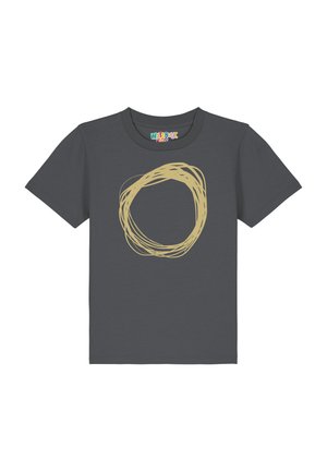 Grijze katoenen T-shirt met een groot beige cirkelvormig krabbeldesign op de voorkant. Korte mouwen en een ronde halslijn.