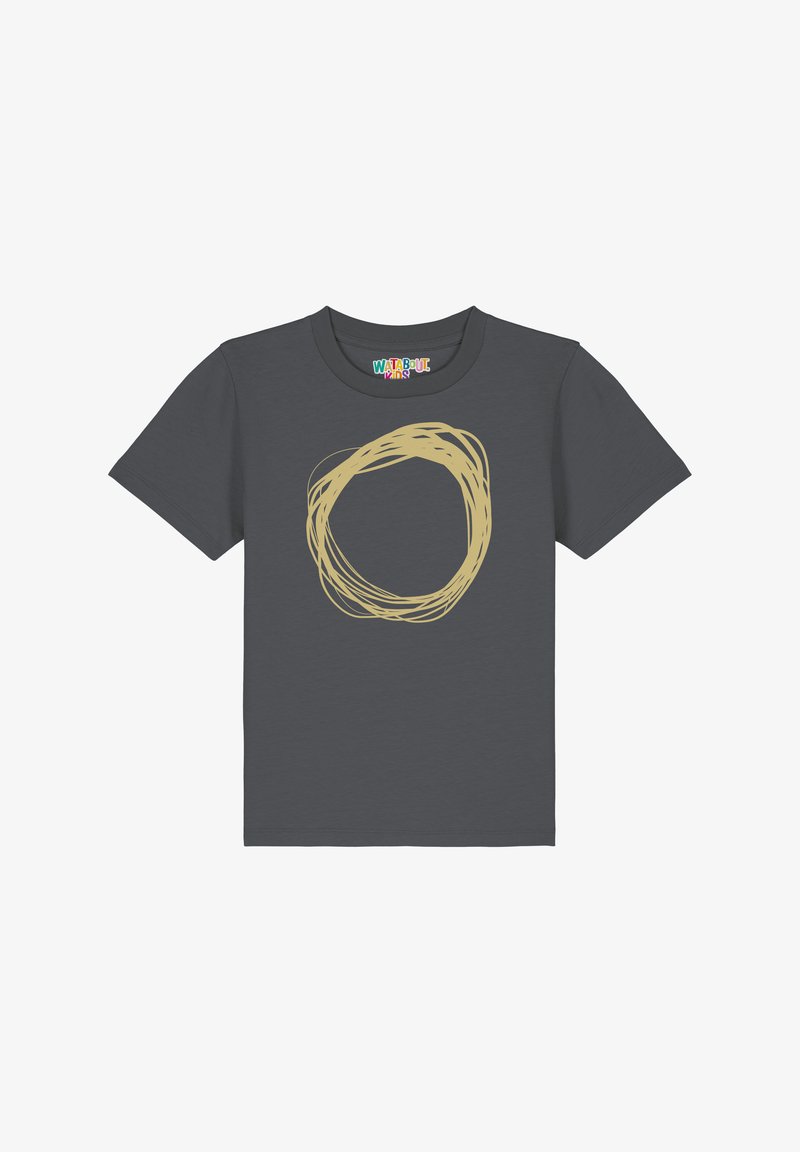 Grijze katoenen T-shirt met een groot beige cirkelvormig krabbeldesign op de voorkant. Korte mouwen en een ronde halslijn.
