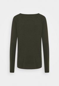 Olive green long-sleeve sweater with a ribbed texture, rounded neckline, and raglan sleeves, featuring a clean, simple design.