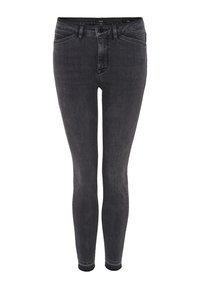 Jean skinny noir en denim, avec une taille haute, une fermeture éclair, des poches avant et une légère décoloration sur l'ensemble.